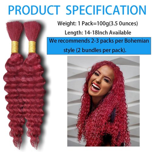 Burgundy Human Braiding Hair 18 Inch 100 g 2 Bundle Deep Water Wave Bulk Human Hair for Braiding Curly Human Hair for Boho Braids Wet and Wavy Human Hair Extensions No Weft Micro Braiding Hair