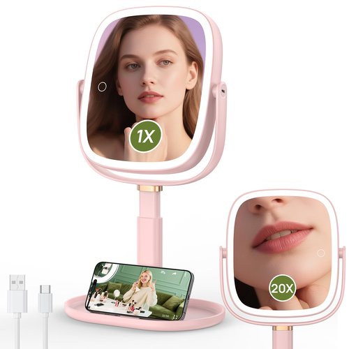 Glowtop Height Adjustable Lighted Makeup Mirror with Lights and Magnification, 1X 20X Magnifying Mirror with Light 4000mAh Rechargeable, Tray Base and Phone Stand for Desk, Gifts for Women (Pink)