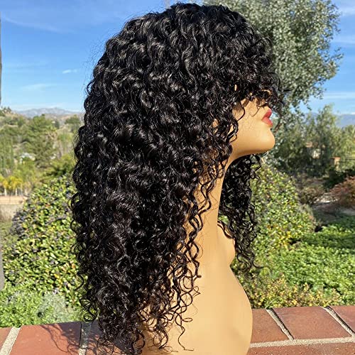 Jerry Curly Human Hair Wigs With Bangs 200% Density Virgin Human Hair Glueless Scalp Base Top Full Machine Made Wig For Black Women Brazilian Curly Wigs Natural Color 16 Inch