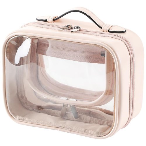 Veki TSA Approved Toiletry Bag Transparent Makeup Bag Double Travel Cosmetic bags Case Waterproof Toiletries Bag Medium Capacity Open Storage bag Organizer for Women and Girls (Medium Pink)