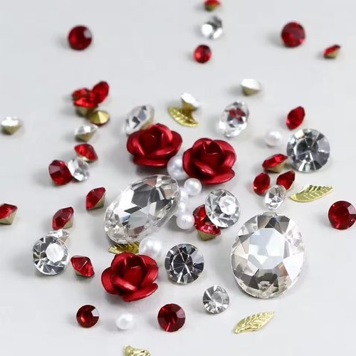 3D Red Rose Flower Nail Art Charms Valentines Nail Charms Romantic Flowers Nails Design Decorations Mixed Shiny Pearl Crystal Gems Nail Rhinestones for Women DIY Valentine Nail Jewelry Accessories