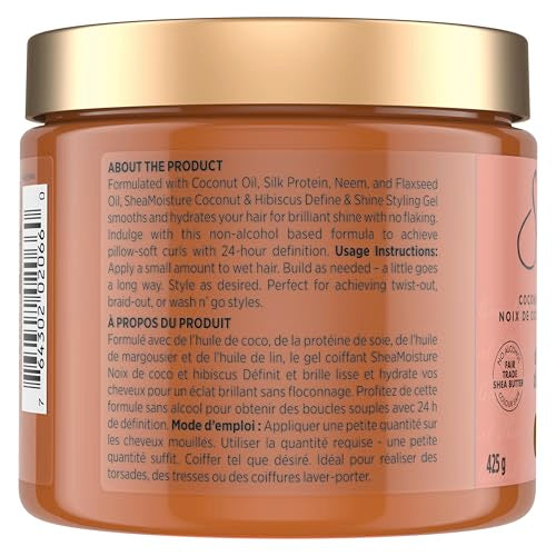 SheaMoisture Define&Shine Styling Gel+Flaxseed 12ct Coconut&Hibiscus Hydrates,Holds Your Style All Day Infused With Glycerin,CoconutOil an Invigorating Sweet Scent ParabenFree Frizz Control Gel 15OZ