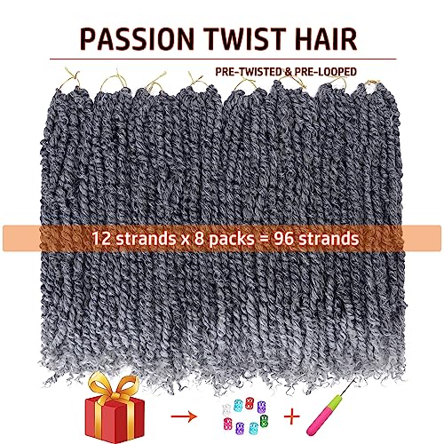 Passion Twist Hair 18 Inch Pre-twisted Passion Twist Crochet Hair for Women Pre-looped Water Wave Crochet Braids Bohemian Curly Crochet Hair Synthetic Hair Extensions 8 packs 1B/Gray