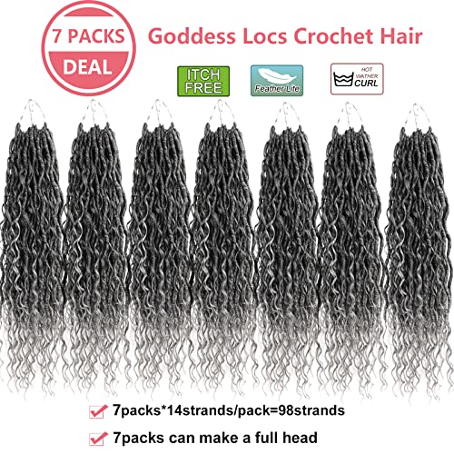 Ombre Grey Crochet Hair For Women Human Hair,18 Inch 7 Packs Boho Goddess Locs Crochet Hair,Pre Looped Goddess Faux Locs With Curly Ends,Hippie Locs Crochet Hair Braid(18in,7packs,T1B/Gray#)