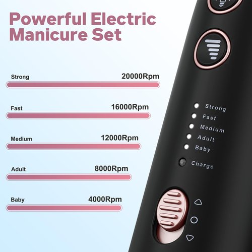 AOMEES Electric Nail File Kit, Rechargeable Professional Manicure Pedicure Kit, 5 Speeds Hand Foot Care Tool for Nail Grind Trim Polish - with 100Pcs Fine Grit Nail File Sanding Tape