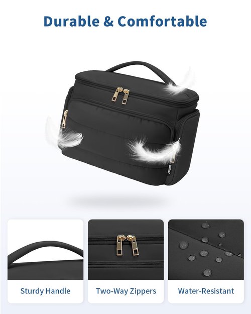 WANDF Travel Toiletry Bag for Women, Wide-open Large Makeup Bag with Handle, Puffy Makeup Organizer for Toiletries, Cosmetics, Accessories, Essentials (Black)