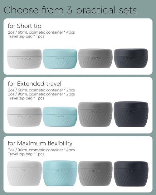 TakeToday Travel Containers for Toiletries, Leak-proof, TSA Approved, Refillable Silicone Cream Jars with Lid Travel Size Essential for Cosmetic toiletry Cream, 2oz, 4 Pack (Gray)