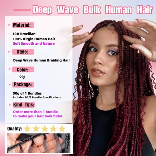 Human Braiding Hair, 2 Bundle 100g 16 Inch Boho Braids Human Hair 10A Deep Wave Bulk Brazilian Virgin No Weft Wavy Hair Extension for Boho Knotless Bohemian Micro Braid Bulk for Braiding 99J