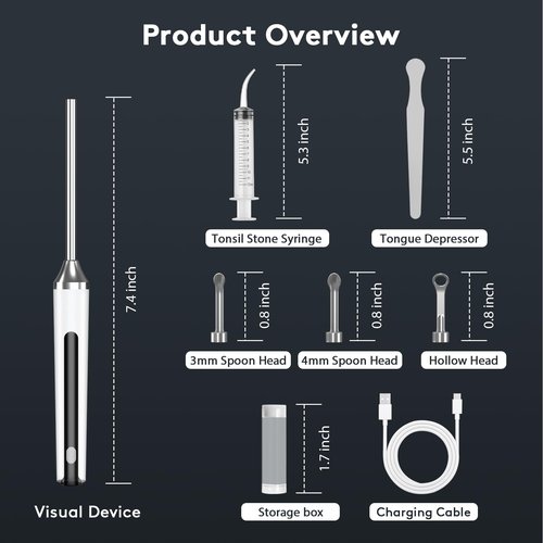 Tonsil Stone Remover with Camera - 1296P HD Larger View & Clearer Images Tonsil Stone Remover Kit with LED Light Tonsillolith Removal Tool Tonsil Cleaner with 3 Heads, Tonsil Stone Syringe (White)