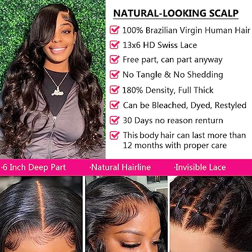 28 Inch Body Wave Lace Front Wigs Human Hair 13X6 HD Lace Frontal Wigs Human Hair 180% Density Glueless Wigs Human Hair Pre Plucked for Women Brazilian Virgin Body Wave Wig Natural Color