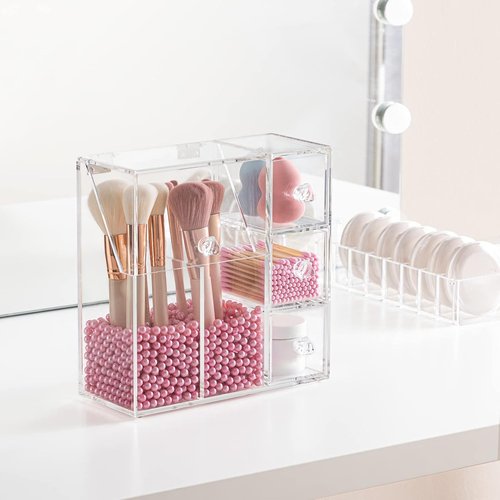 HBlife Makeup Brush Holder, Acrylic Makeup Organizer with 2 Brush Holders and 3 Drawers Dustproof Box, Free Pink Pearl Included