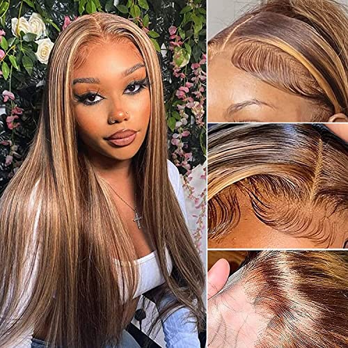 Haha P4/27 Honey Blonde Highlight Human Hair Bundles With Lace Closure 4x4 Brown Blonde Ombre Straight Bundles With Closure Colored Brazilian Raw Human Hair Weave Sew In Extensions 18 20 22+16 Inch