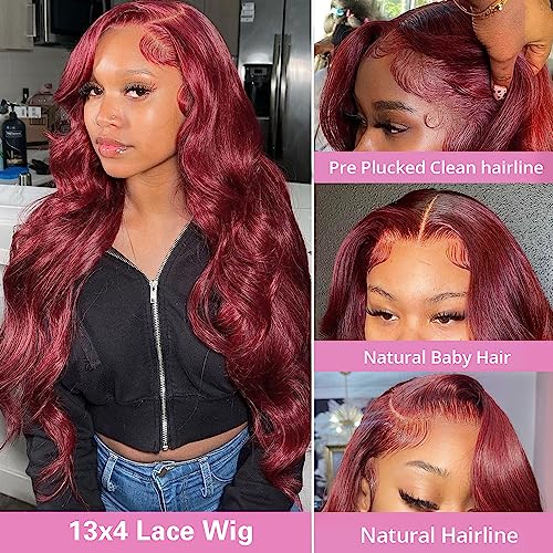 Burgundy Body Wave Lace Front Wigs Human Hair 200% Density Hd Transparent 13x4 99j Glueless Frontal Wig Pre Plucked with Baby Hair 24 Inch Wine Red Wigs for Women Brazilian Virgin Hair Colored Wig