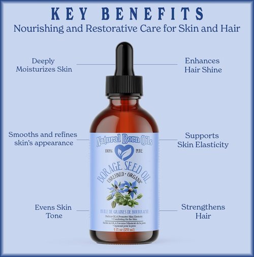 Natural Born Oils Borage Seed Oil, 16oz, Organic, Cold-Pressed, Carrier Oil, High GLA, Vitamins & Minerals, Deep Skin Nourishment, Hair Vitality