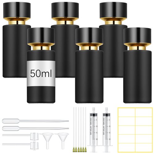 Teenyyou 6 Pack 50 ml Glass Perfume Bottles and Refill Tools Set, Travel Perfume Atomizer Spray Bottles, Portable Empty Refillable Atomizer Decanters with Dispenser Transfer Kit (Black)