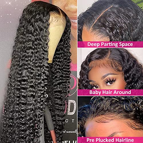 FIRIEYA Deep Wave Lace Front Wigs Human Hair Wigs for Black Women 180% Density 4X4 HD Transparent Lace Closure Human Hair Wigs for Black Women Glueless with Baby Hair Natural Color(26 Inch)