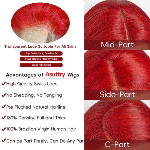 ASUTTRY Red Bob Wig Human Hair 13x4 HD Lace Front Wigs Human Hair Pre Plucked 200 Density Straight Bob Wigs for Women Lace Frontal Wig Red Color 10"