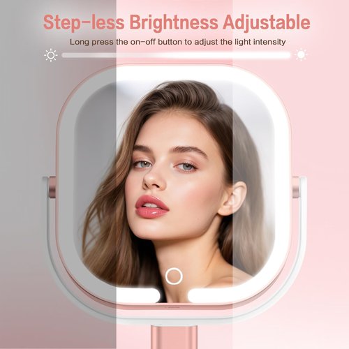 Rosivyphan Makeup Mirror with Lights, 1X/10X Magnifying Vanity Mirror with 3 Colors, 2000mAh Rechargeable Double Sided Magnifying Mirror, Height Brightness Adjustable, 360° Rotation Vanity