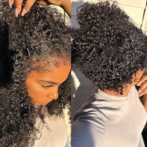 4C Curly Edges Deep Curly 360 Lace Front Wigs Human Hair 180% Density Glueless Pre Plucked Bleached Knots 360 Kinky Curly Lace Front Wig Human Hair With 4C Edges (14inch)