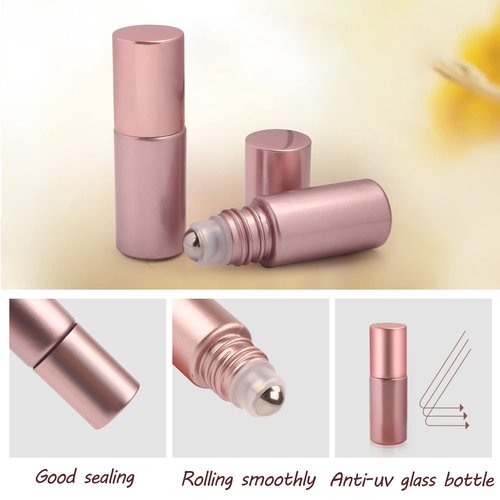 BOSMIOW 10Pcs Essential Oil Roller Bottles,5ml Pink Glass Roll-on Bottles with Stainless Steel Roller Ball for Perfume Sample,Deodorant,Lotion