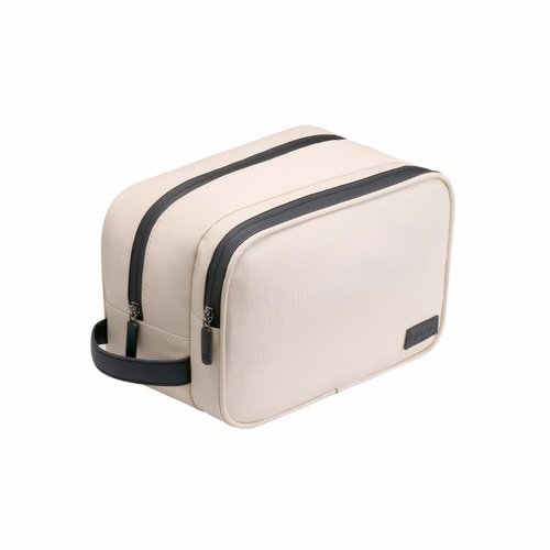 Portable Waterproof Leatherette Toiletry Bag - Double-Layer Large Capacity Organizer for Travel & Makeup, Multifunctional Toiletries Storage with Handle (Beige)