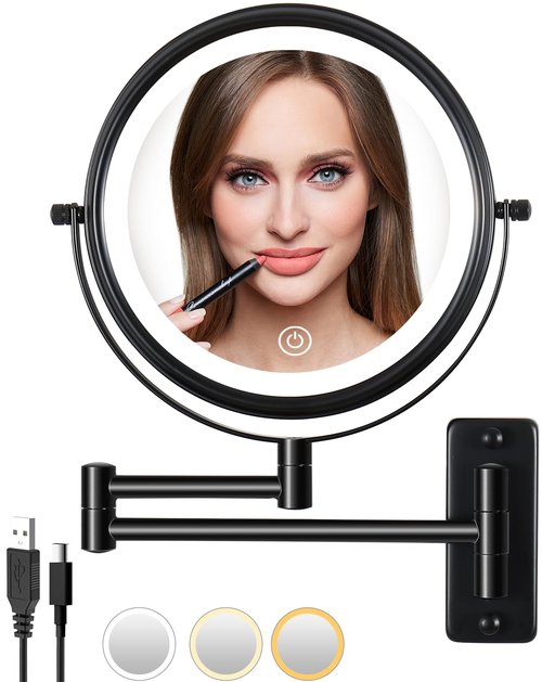 LANSI Wall Mounted Makeup Mirror with Lights, 8" Bathroom Vanity Magnifying Mirror Wall Mount with 1X/10X Magnification and Extendable Arm,Black
