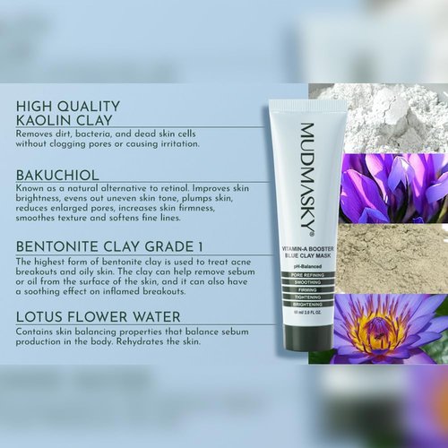 MUDMASKY Vitamin-A Booster Blue Clay Mask 60ml / 2.0FL - Natural Retinol Alternative with Bakuchiol, Skin Care for Pore Refinement, Tightening & Brightening - Fragrance-Free Beauty Face Mask