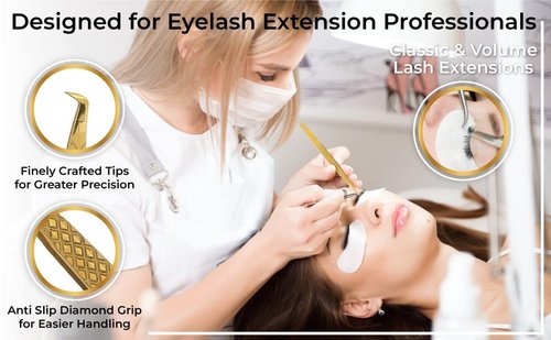 M LASH Tweezers for Eyelash Extensions (Set of 4) - Professional Lash Extension Tweezers - Fiber Tip, Japanese Steel, Diamond Grip Eyelash Extension Tweezer (Matte Black)