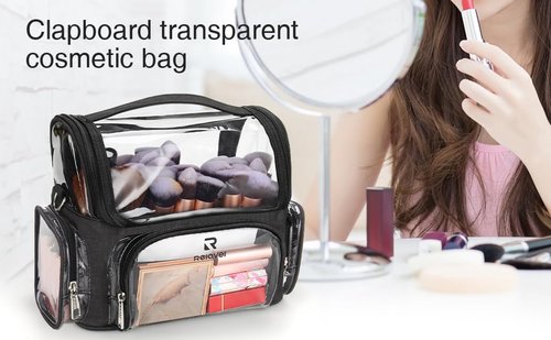 NAONAYA Makeup Brush Case, Large Makeup Brush Holder Professional Makeup Artist Travel Case Clear Waterproof Cosmetic Organizer Bag, Full Open Easy to Access, with Adjustable Strap and Dividers