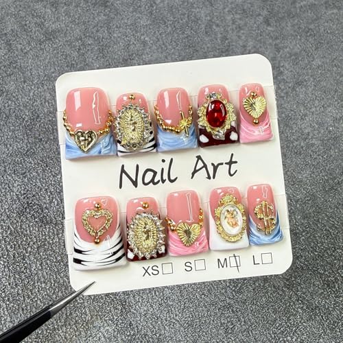 10 Pcs Duck Press on Nails Medium Fake Nails Sea Waves Pink French Tip Handmade False Nails with Glue, with 3D Golden Heart Design Artificial Acrylic Stick on Nails for Women£¨M£©