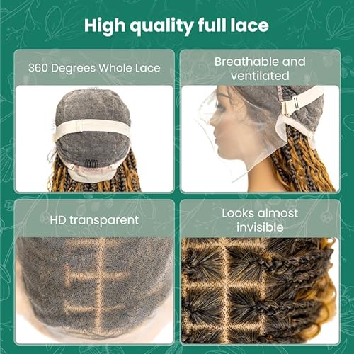 PIB 24" - Single Full Lace Braid Wig ? Boho Box Braided Wig Square Parted, Knotless Braided Wigs for Black Women, Synthetic Lace Wigs with Natural Baby Hair (1B27, Off Black and Light Brown)