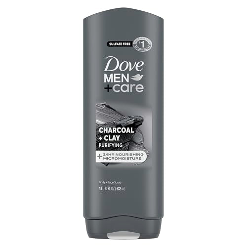 DOVE MEN + CARE Body and Face Wash 4 Count Purifying Charcoal + Clay Body Wash for Men with 24-Hour Nourishing Micromoisture Technology 18 oz