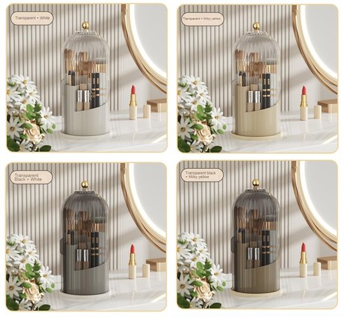 Rotating Makeup Brush Holder with Clear Lid – 360° Makeup Brush Organizer for All Brush Sizes, Durable Dustproof Storage Stand with Large Capacity, Easy to Clean, No Assembly (Milk yellow/transparent)