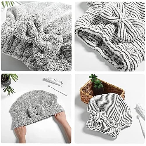 Microfiber Hair Towel Wrap, Soft Absorbent & Quick Drying Cap Set for Curly Thick Hair, Women & Girls - 2 Pcs (Stripe & Gray)
