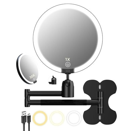 30X/1X Wall Mounted Lighted Makeup Mirror, 6inch Double Sided 1X/30X Magnifying Makeup Mirror with 3 Color Lights, Rechargeable Bathroom 30X Magnification Mirror 360° Rotation Extendable Folding Arm