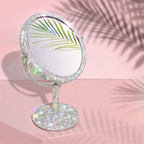 TISHAA Bling Makeup Vanity Mirror - Luxury Stand Double Sided Mirror Crystal Rhinestone Portable Desk Bathroom Bedroom (2X Magnification)