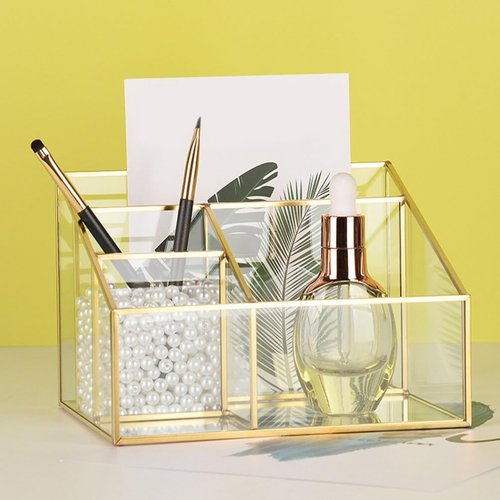 Alipis Glass Makeup Organizer with Gold Trim, Multi-Functional Cosmetic Storage Case for Vanity, Lipstick, Jewelry, Makeup Brush, Eyeliner Holder, 7.67 X 5.70 X 5.11 Inches