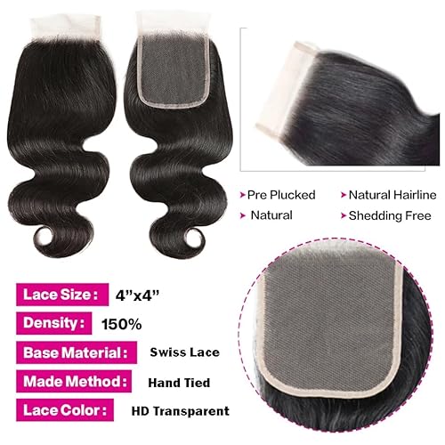 Bundles with Closure Human Hair 16 18 20+14 Inch 100% Unprocessed Brazilian Virgin Hair Extensions 3 Bundles with 4x4 HD Lace Closure Natural Black