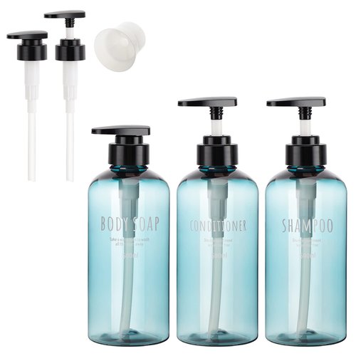 Shampoo Bottles with 2 Extra Pumps, Segbeauty 3pcs 16.9oz Bathroom Shampoo and Conditioner Dispenser with Funnel, 500ml Empty Plastic Refillable Shampoo Bottles for Shower, Large Pump Bottles Blue