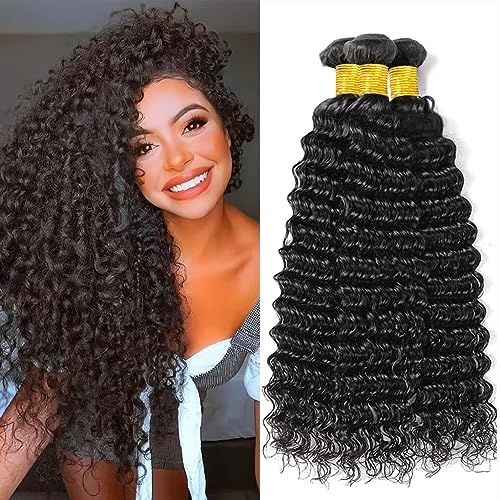Deep Wave Bundles Human Hair 10A Brazilian Virgin Human Hair Bundles 100% Unprocessed 10 12 14 Inch Water Wave Bundles Double Weft Deep Curly Weave 3 Bundles Natural Color