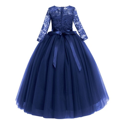 Flower Girls 3/4 Sleeve Maxi Tulle Lace Wedding Bridesmaid Party Dress Floor Length A Line Formal Pageant Long Prom Evening Dance Ball Gowns for Kids Navy Blue-3/4 Sleeve 7-8 Years