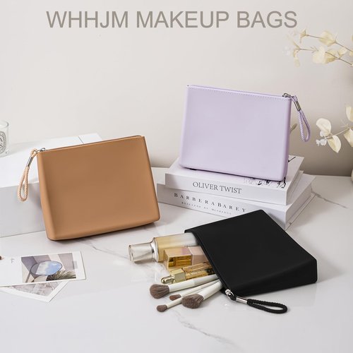 WHHJM Silicone Makeup Bag for Purse Zipper Cosmetic Pouch Makeup Brush Holder Large Makeup Organizer Silicone Travel Pouch for Women (Black)