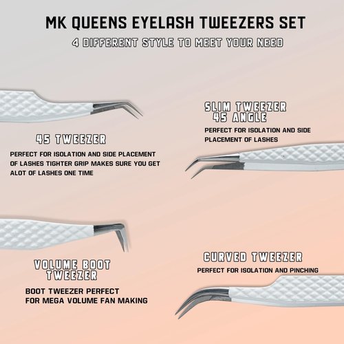 MK Queens Lash Tweezers - Stainless Steel Fiber Tip Eyelash Tweezers (Set of 4) - Diamond Grip Professional Lash Tweezers for Eyelash Extensions (White)