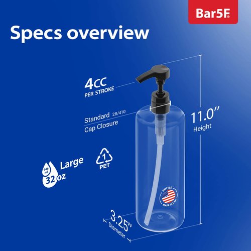 Bar5F Empty Shampoo Bottles with Pumps (2-Pack 32oz/1Liter/Large) BPA-Free PETE1 Plastic Bottle Crystal-Clear