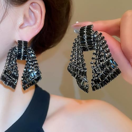 Missgrace Women Silver Hypoallergenic Rhinestone Earrings Dangling Sparkly Black Dangle Earrings Bow Chandelier Earrings Tassel Large Studs Crystal Statement Earrings for Women