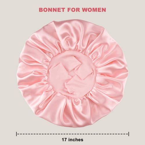 Silk Satin Bonnet for Sleeping Women, Double Layer Silk Satin Sleep Cap with Elastic Band for Natural Curly Hair(1Pcs,Pink)