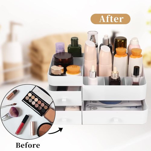 BTremary Makeup Organizer for Vanity, Large Capacity Desk Organizer with Drawers for Cosmetics, Lipsticks, Jewelry, Nail Care, Skincare, Ideal for Bedroom and Bathroom Countertops