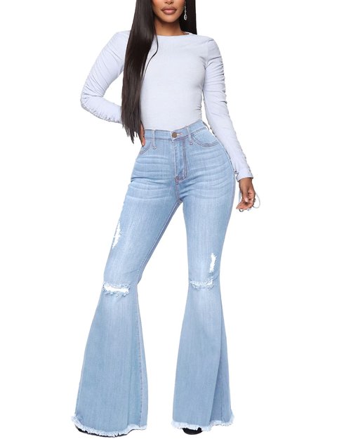 Women Destoryed Flare Jeans Elastic Waist Ripped Bell Bottom Raw Hem Stretch Denim Pants (Light Blue, Small)
