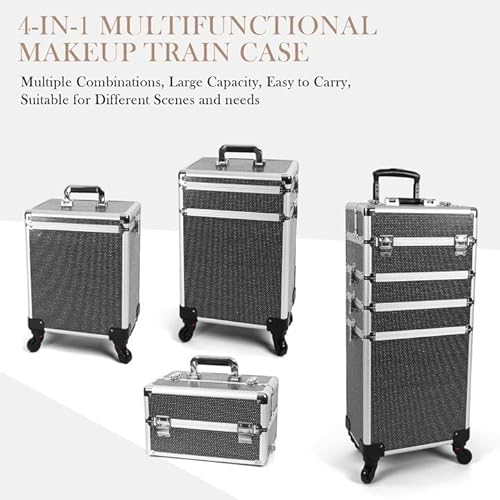 Professional Rolling Makeup Case with Wheels, 5-in-1 Makeup Train Case, Cosmetic Makeup Trolley Cart Travel Cosmetology Case On Wheels with Key for Hairstylists, Nail Tech(Black Crystal)