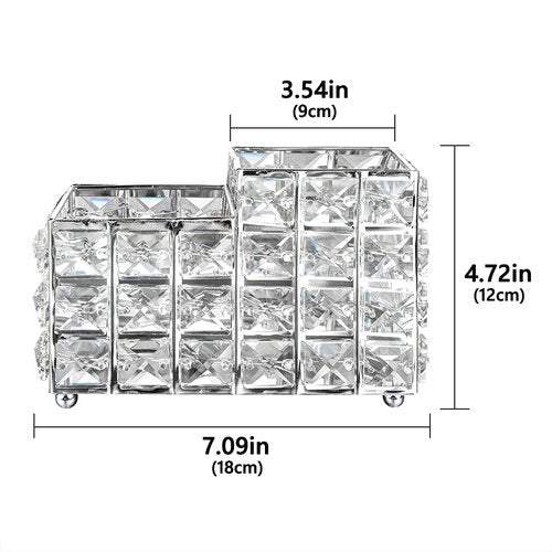 LUEXBOX Crystal Makeup Brush Holder, One-Piece Square Brush Organizer, Cosmetics Brush Storage Container for Table, Dresser, Bathroom, Bedroom Organization (Silver)